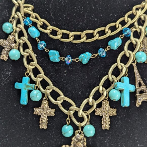 Southwestern Aqua Turquoise Goldtone Cross Pendants Statement Necklace - Picture 7 of 7